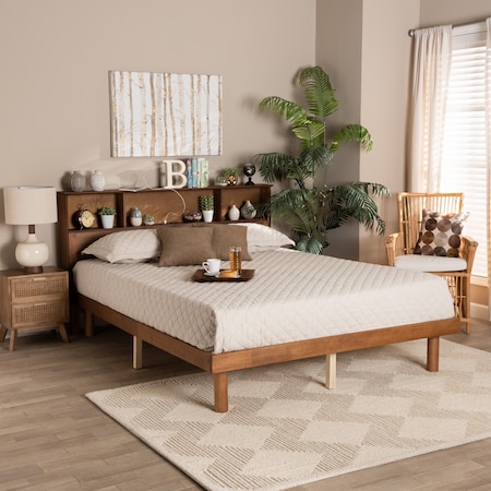 Baxton Studio Lochlan MidCentury Walnut Brown Finished Wood Full Size Platform Bed with Charging Station 220-11883-ZORO